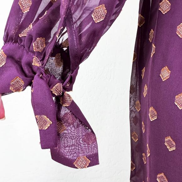 Calvin Klein Printed Tie Cuff Long Sleeve Shift Mini Dress Gold Burgundy 2 NWT - Picture 6 of 13